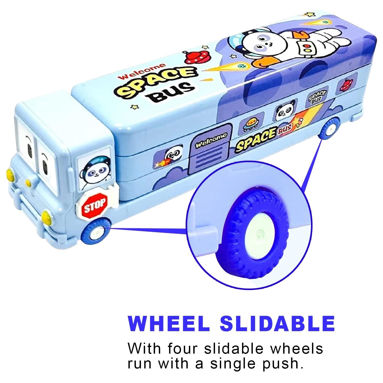 PRIME DEALS Bus Shape Pencil Box School Bus Metal Geometry Box for Kids Magic Bus with Moving Tyres with 3 Compartments Moving Tyre's & Sharpener Geometry Case for Boys & Girls (Blue)