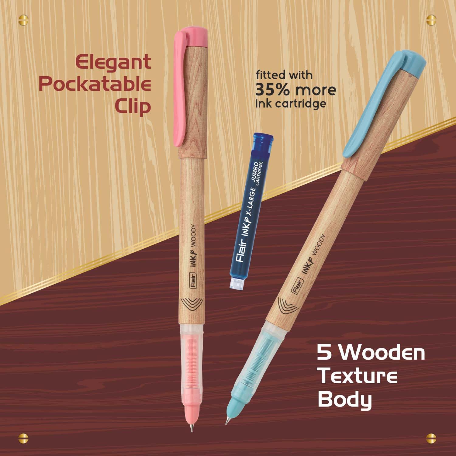 FLAIR Inky Series Woody Fountain Pen | Elegant Pockatable Clip With Aesthetic Wooden Texture Body | Blue Ink, Pack of 2 (Body Color May Vary)