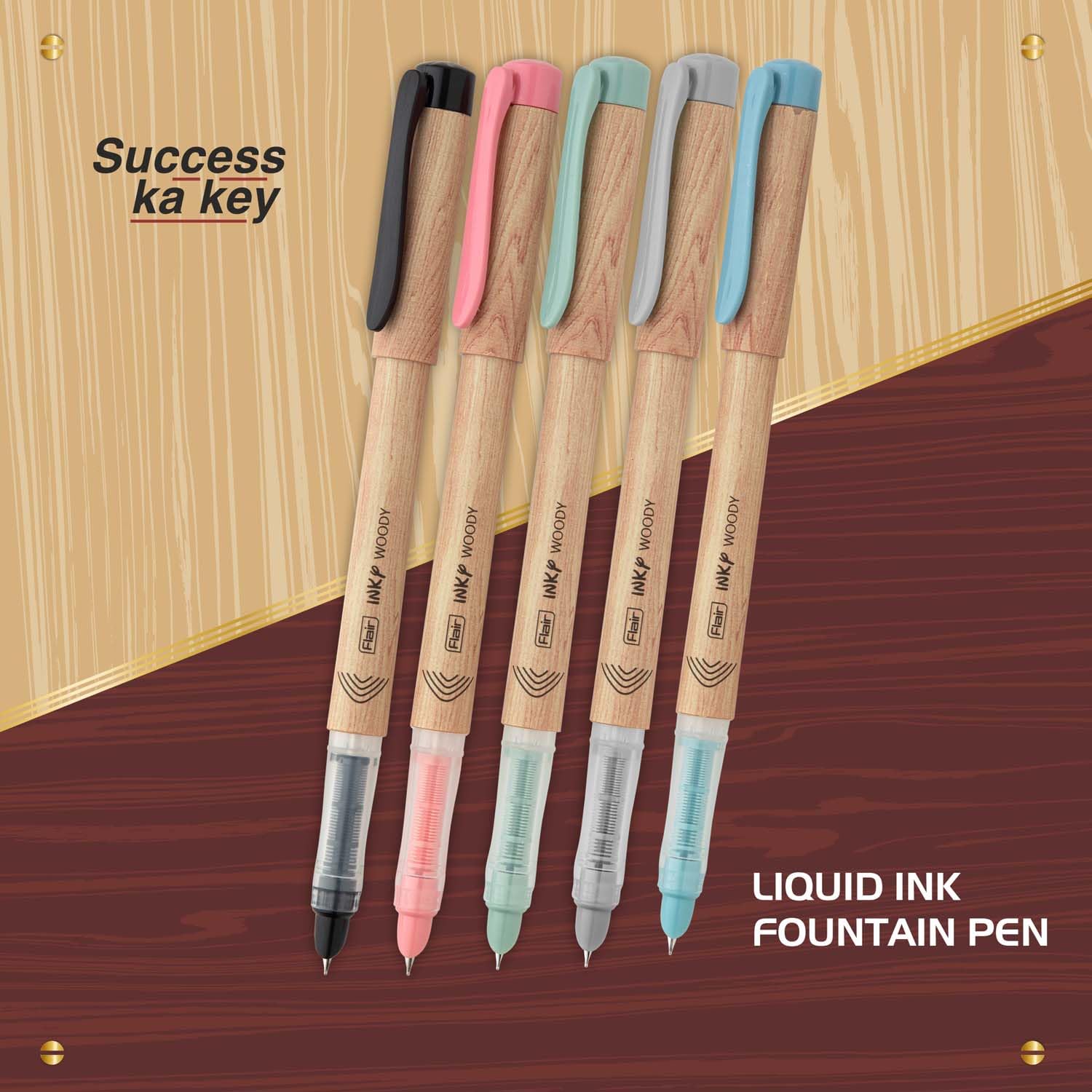 FLAIR Inky Series Woody Fountain Pen | Elegant Pockatable Clip With Aesthetic Wooden Texture Body | Blue Ink, Pack of 2 (Body Color May Vary)