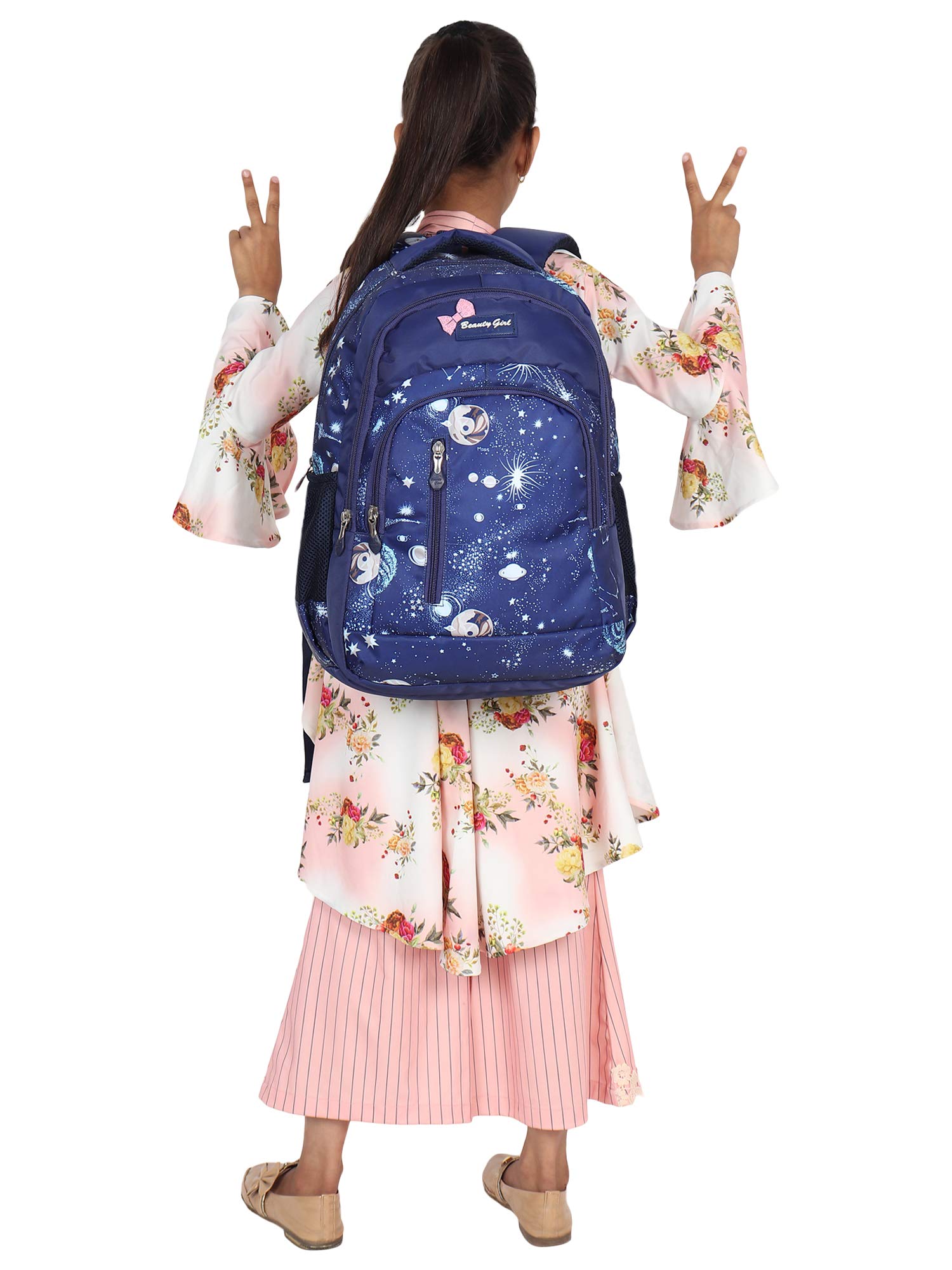 BEAUTY GIRLS Women's 1522 Polyester Floral Printed Designer Stylish Waterproof School/Collage/Picnic Bag-Standard Backpack (32 Litre, Navy Blue) Free Size