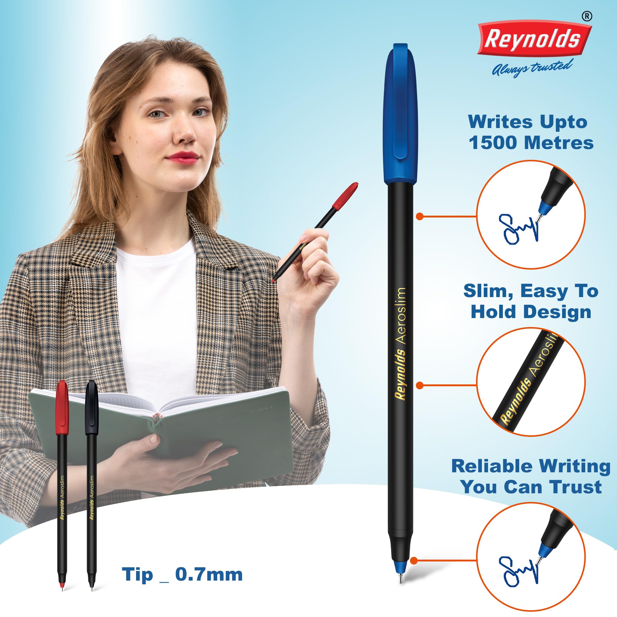 Reynolds AEROSLIM Ball Pen SET - 50 BLUE PENS WITH COMFORTABLE GRIP |BLUE BALL PENS FOR WRITING | PEN FOR STUDENTS & OFFICE STATIONERY | 0.7 mm TIP SIZE