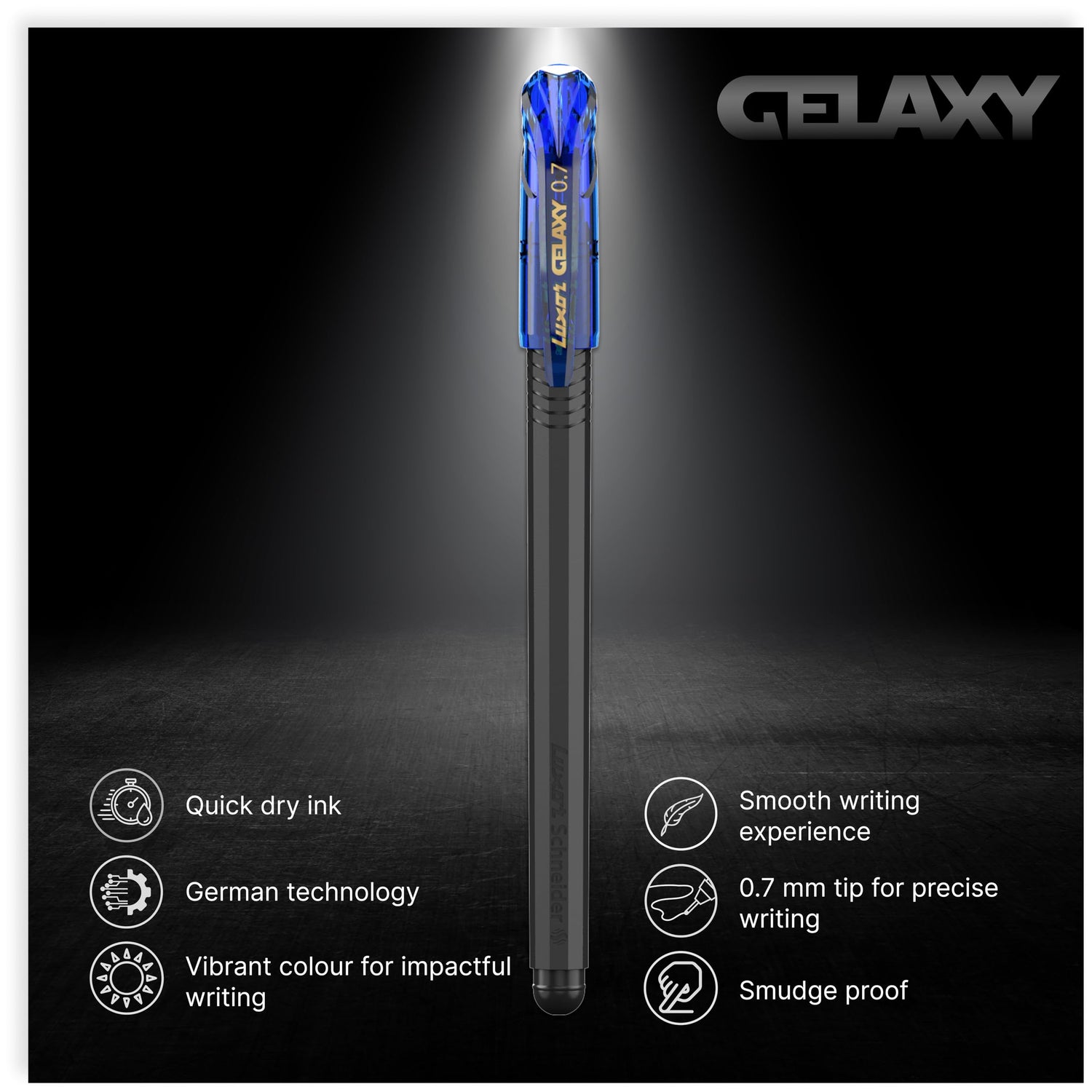 Luxor Schneider Gelaxy Gel Pen | Pack of 4 - Assorted Ink Colour | Refillable | 0.7 mm tip | Quick dry ink | German Technology | Smooth writing experience | Pens For Students
