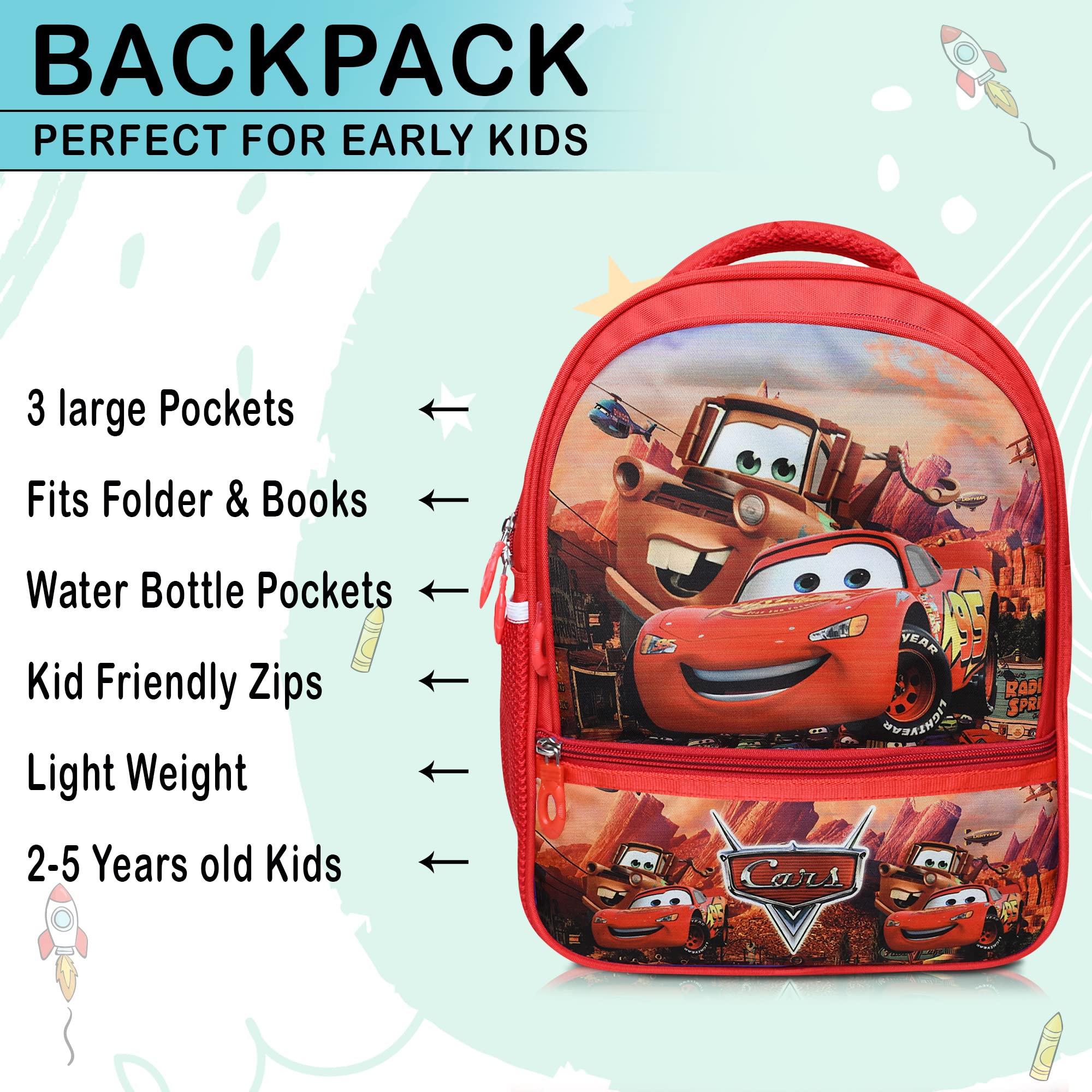 Stylbase Car Kids School Bags for Boys And Girls Printed Cartoon Waterproof Bag | Kids Backpack Ideal for ukg Nursery 1st class Ages 5-7 Years Boys And Girls (14 inches 18L)