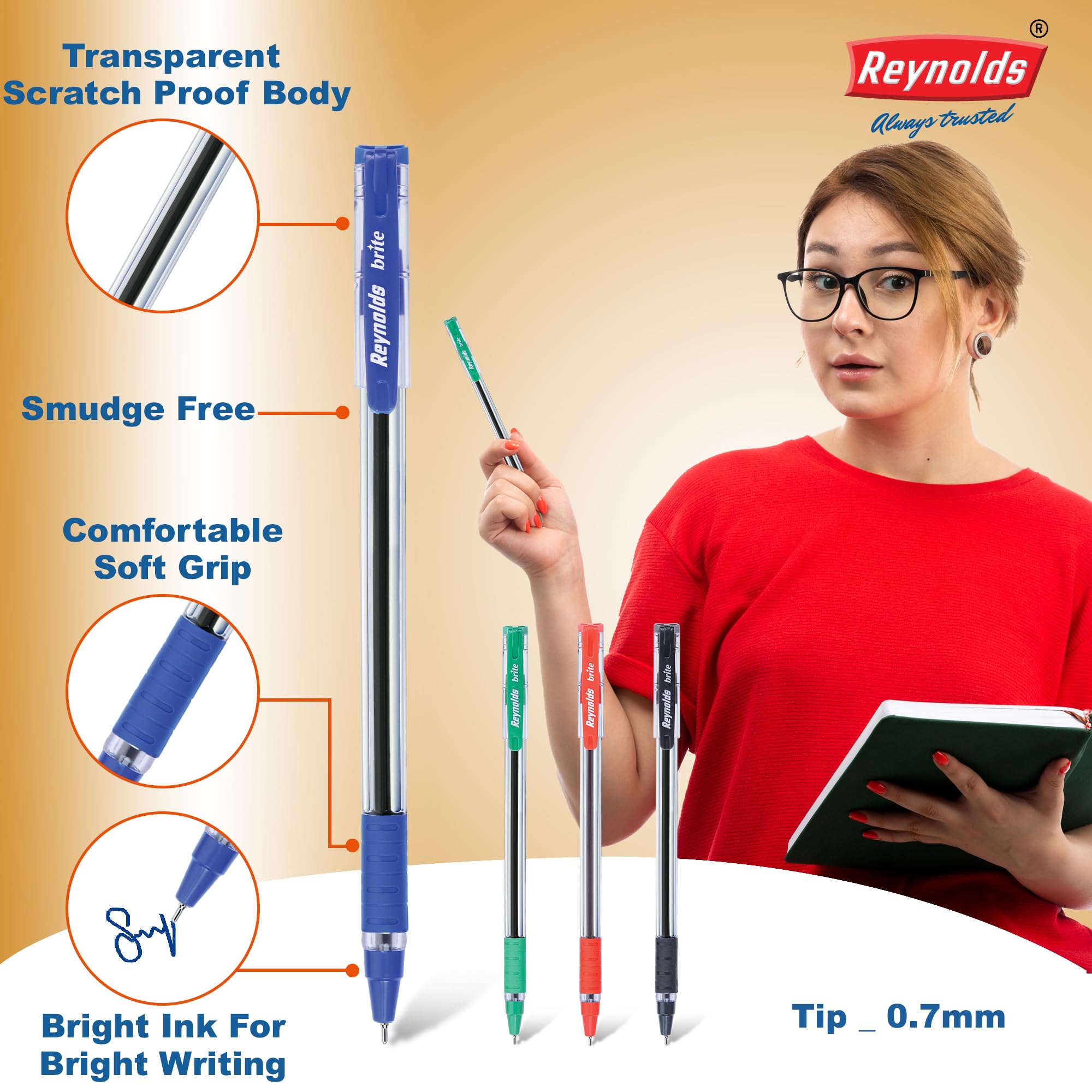 Reynolds BRITE Ball Pen SET - 50 BLUE PENS WITH COMFORTABLE GRIP |BLUE BALL PENS FOR WRITING | PEN FOR STUDENTS & OFFICE STATIONERY | 0.7 mm TIP SIZE