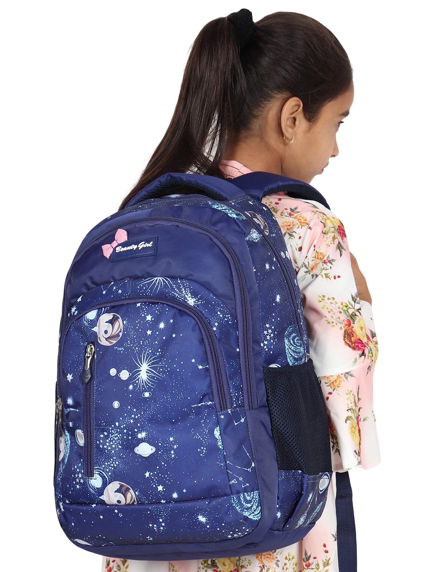 BEAUTY GIRLS Women's 1522 Polyester Floral Printed Designer Stylish Waterproof School/Collage/Picnic Bag-Standard Backpack (32 Litre, Navy Blue) Free Size