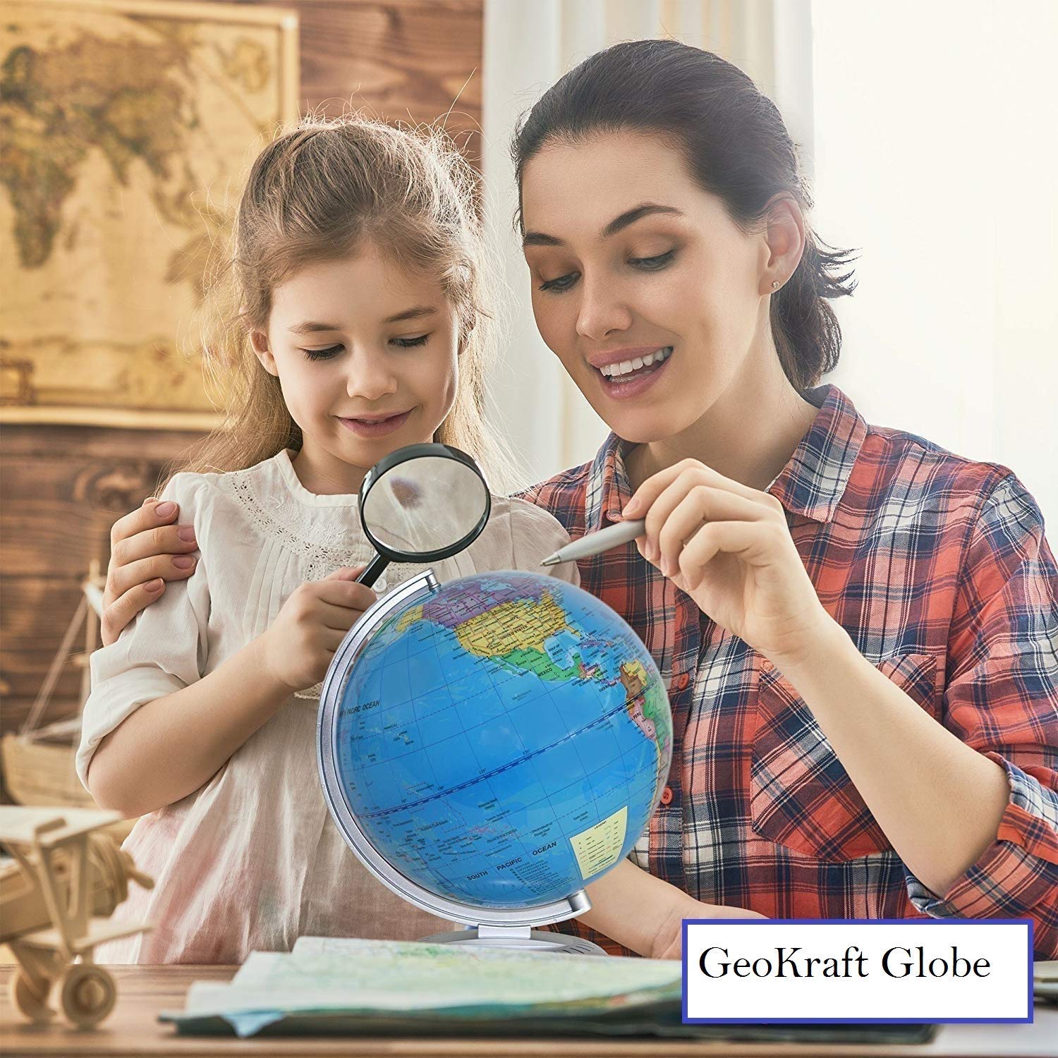 GeoKraft Globe Educational Globe 10 inches height and 8 Inches diameter Rotating World Globe with Steel Finish Arc and Base/World Globe/Home Decor/Office Decor/Gift Item (Blue)