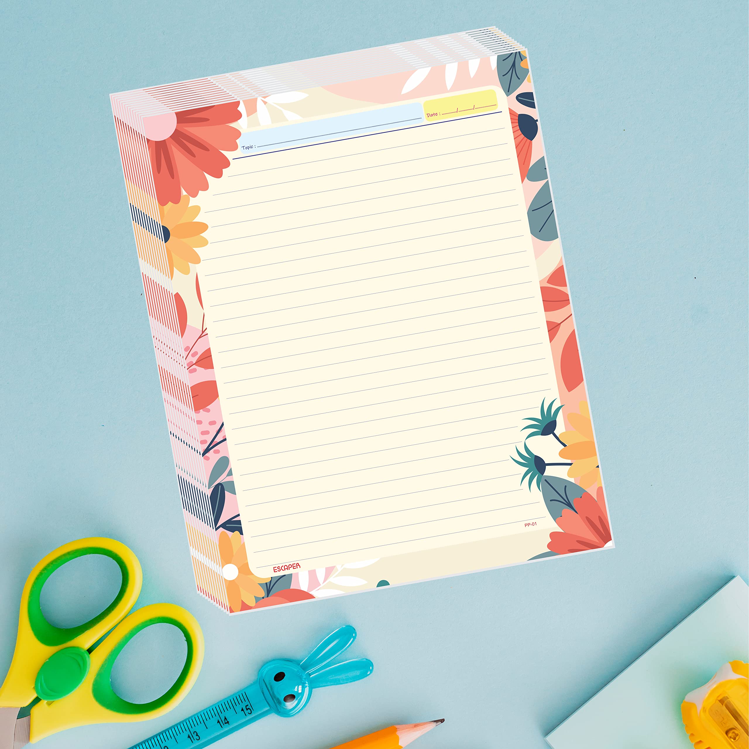 ESCAPER Flower Theme Project Papers - Multicolor Practical Sheets for Assignment, Art & Craft One Side Ruled Lines Paper, Designer Ruled Coloured Paper, Perfect for School Projects