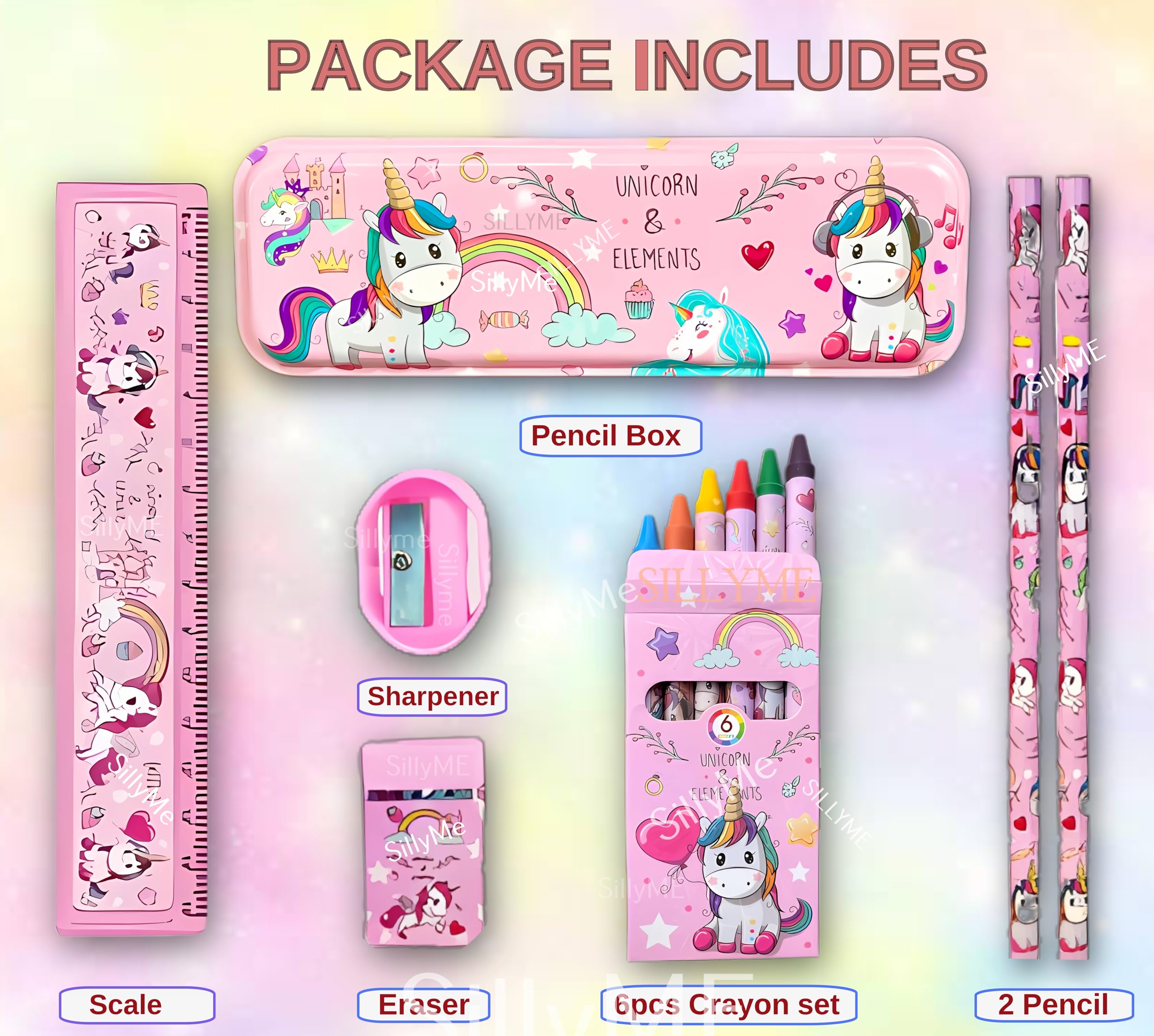 SILLYME Plastic Unicorn Stationery Set For Girls - Unicorn Set Kit Includes- Pencil Box Unicorn Theme Scale Pencil Eraser Sharpener Combo Pack For School | Birthday Gift For Girls, Pink