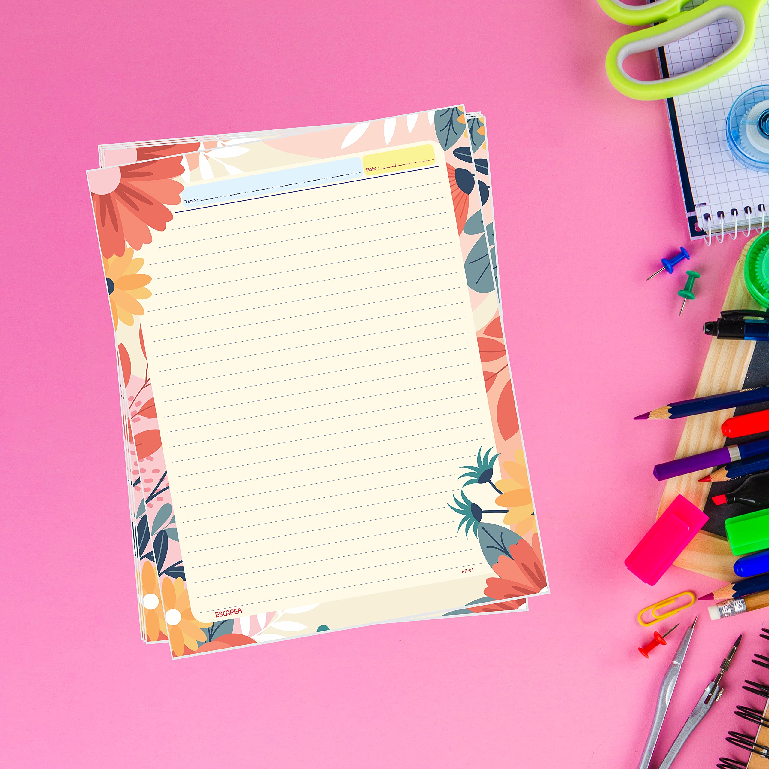 ESCAPER Flower Theme Project Papers - Multicolor Practical Sheets for Assignment, Art & Craft One Side Ruled Lines Paper, Designer Ruled Coloured Paper, Perfect for School Projects
