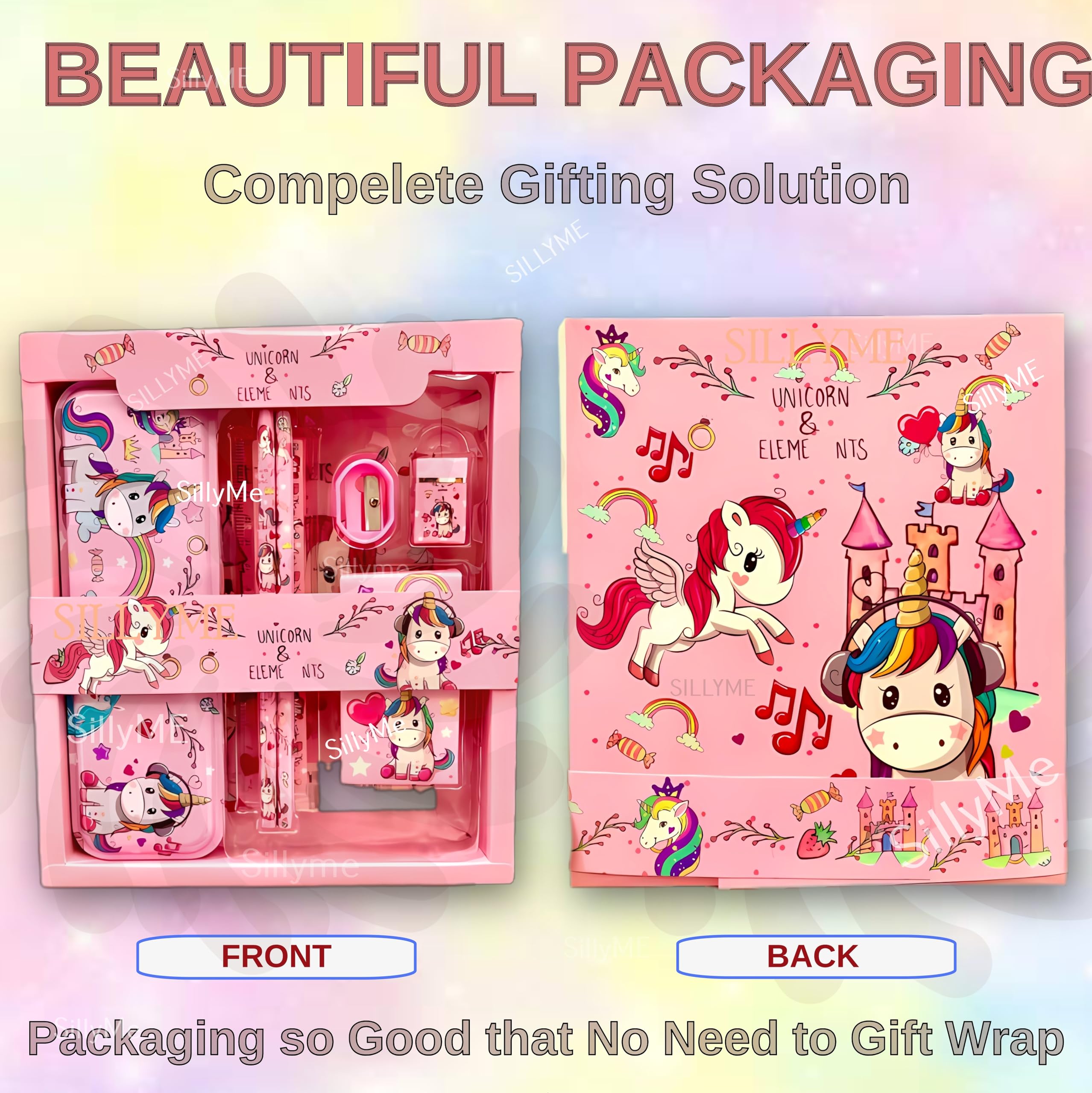 SILLYME Plastic Unicorn Stationery Set For Girls - Unicorn Set Kit Includes- Pencil Box Unicorn Theme Scale Pencil Eraser Sharpener Combo Pack For School | Birthday Gift For Girls, Pink