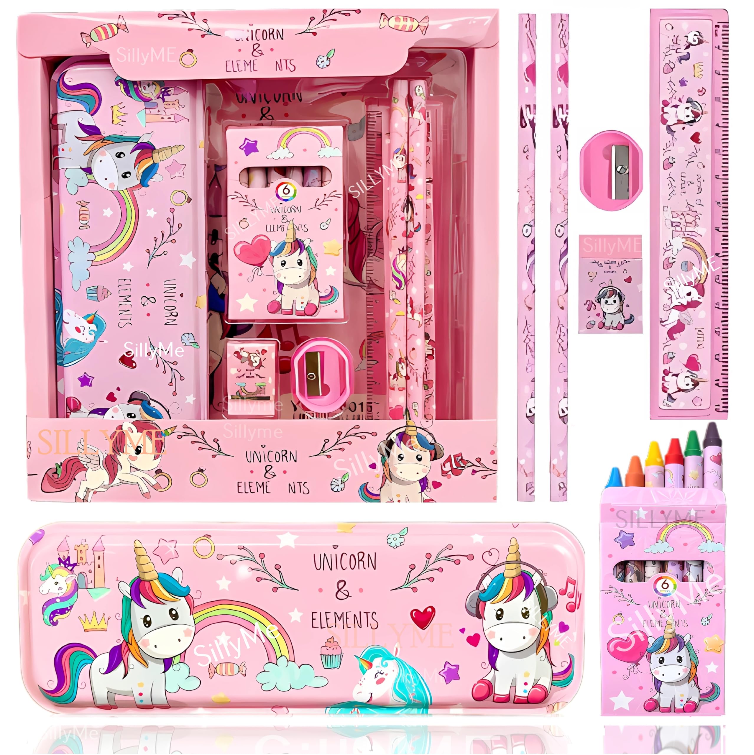 SILLYME Plastic Unicorn Stationery Set For Girls - Unicorn Set Kit Includes- Pencil Box Unicorn Theme Scale Pencil Eraser Sharpener Combo Pack For School | Birthday Gift For Girls, Pink