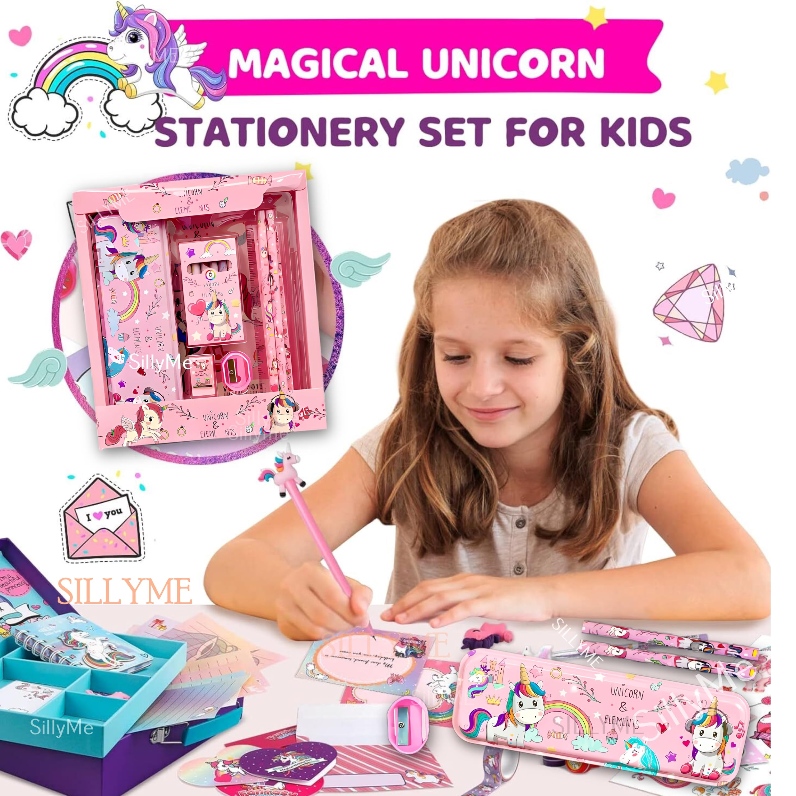 SILLYME Plastic Unicorn Stationery Set For Girls - Unicorn Set Kit Includes- Pencil Box Unicorn Theme Scale Pencil Eraser Sharpener Combo Pack For School | Birthday Gift For Girls, Pink