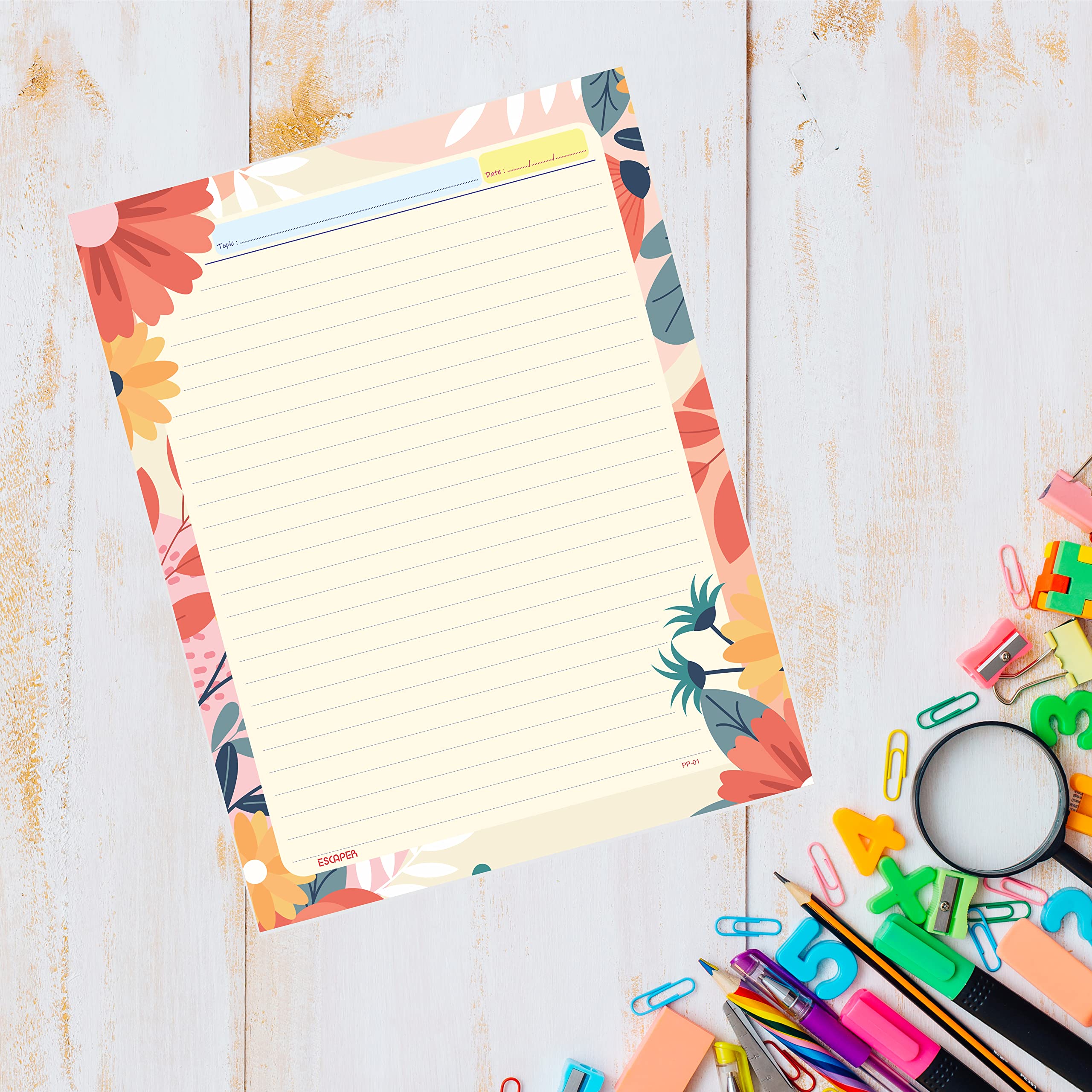 ESCAPER Flower Theme Project Papers - Multicolor Practical Sheets for Assignment, Art & Craft One Side Ruled Lines Paper, Designer Ruled Coloured Paper, Perfect for School Projects