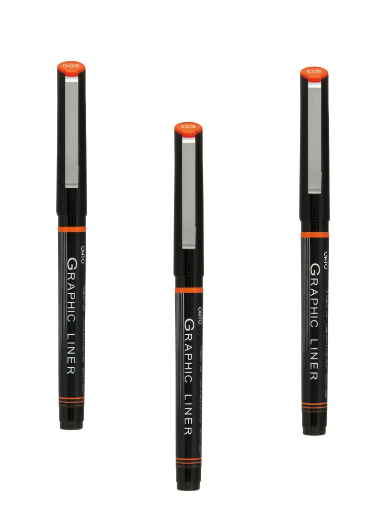 OHTO Graphic Liner CFR-150GL Rollerball Drawing Pen (Set of 3 Assorted Tip Sizes with Different Tip Size Combos)
